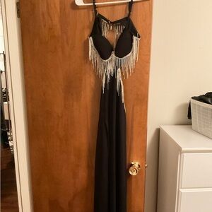 Elegant Black Gown with Silver Fringe
